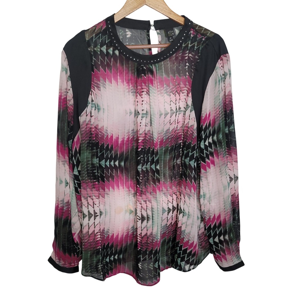 6th & LN Blouse 26 Pink Black Geometric Studded Sheer Top Whimsigoth Office Boho